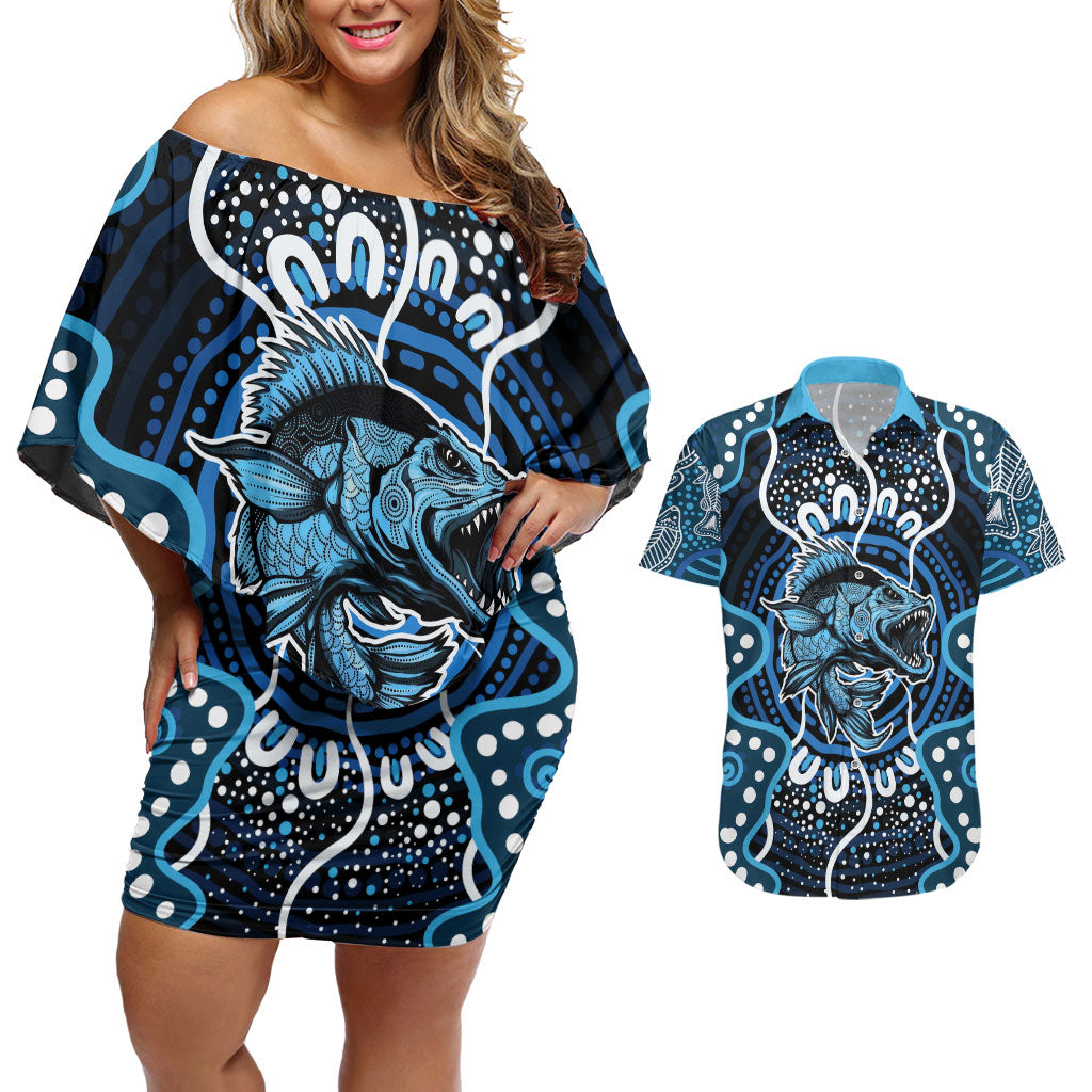 Custom Barramundi Fishing Couples Matching Off Shoulder Short Dress and Hawaiian Shirt Indigenous Aboriginal Dot Art Blue Fish