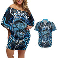 Custom Barramundi Fishing Couples Matching Off Shoulder Short Dress and Hawaiian Shirt Indigenous Aboriginal Dot Art Blue Fish