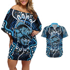 Custom Barramundi Fishing Couples Matching Off Shoulder Short Dress and Hawaiian Shirt Indigenous Aboriginal Dot Art Blue Fish