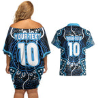 Custom Barramundi Fishing Couples Matching Off Shoulder Short Dress and Hawaiian Shirt Indigenous Aboriginal Dot Art Blue Fish