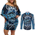 Custom Barramundi Fishing Couples Matching Off Shoulder Short Dress and Long Sleeve Button Shirt Indigenous Aboriginal Dot Art Blue Fish