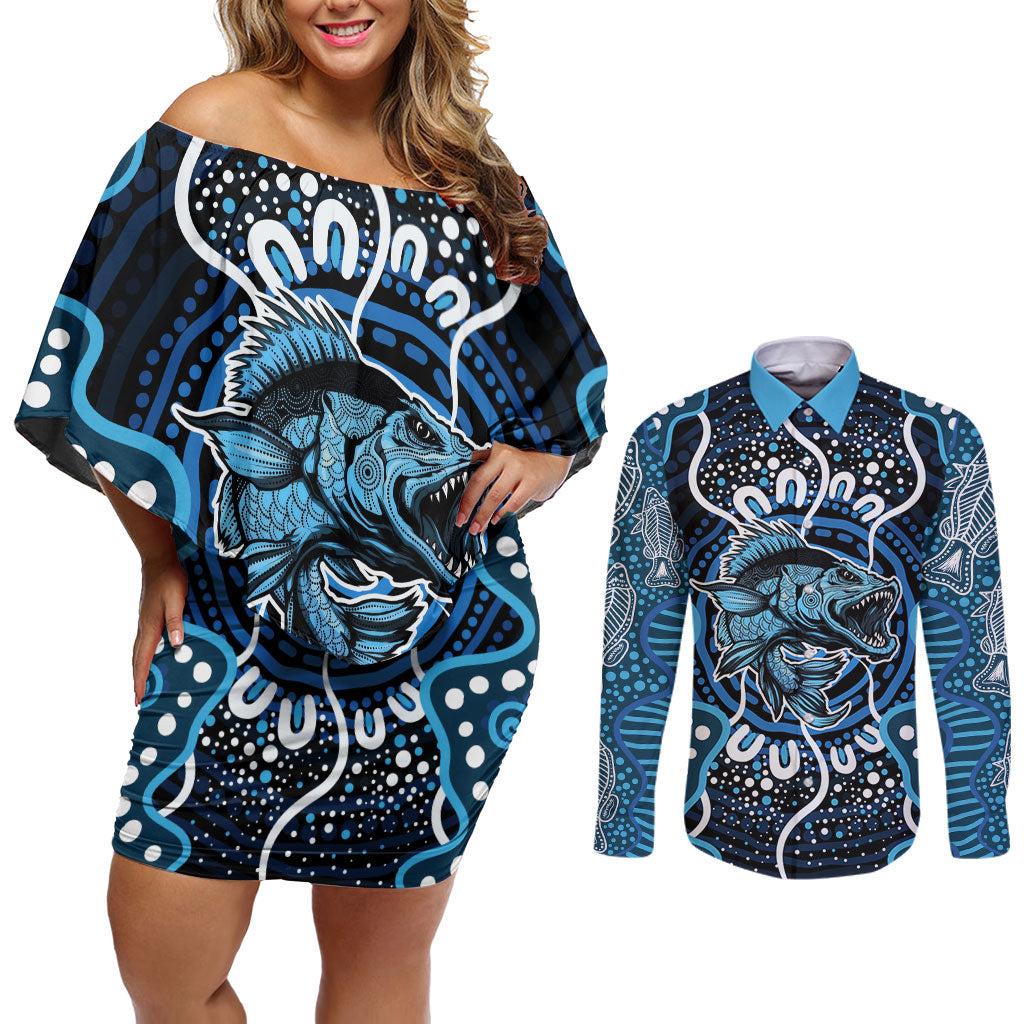 Custom Barramundi Fishing Couples Matching Off Shoulder Short Dress and Long Sleeve Button Shirt Indigenous Aboriginal Dot Art Blue Fish