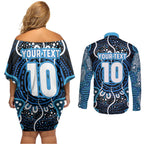 Custom Barramundi Fishing Couples Matching Off Shoulder Short Dress and Long Sleeve Button Shirt Indigenous Aboriginal Dot Art Blue Fish