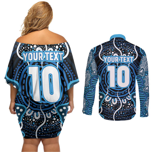 Custom Barramundi Fishing Couples Matching Off Shoulder Short Dress and Long Sleeve Button Shirt Indigenous Aboriginal Dot Art Blue Fish