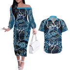 Custom Barramundi Fishing Couples Matching Off The Shoulder Long Sleeve Dress and Hawaiian Shirt Indigenous Aboriginal Dot Art Blue Fish