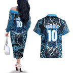 Custom Barramundi Fishing Couples Matching Off The Shoulder Long Sleeve Dress and Hawaiian Shirt Indigenous Aboriginal Dot Art Blue Fish