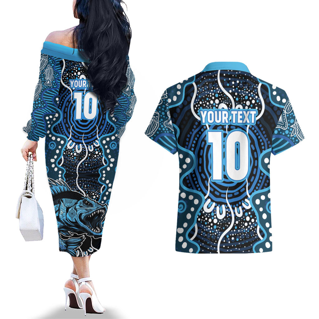 Custom Barramundi Fishing Couples Matching Off The Shoulder Long Sleeve Dress and Hawaiian Shirt Indigenous Aboriginal Dot Art Blue Fish
