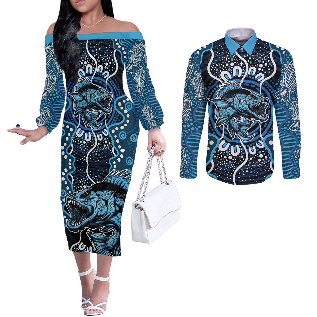 Custom Barramundi Fishing Couples Matching Off The Shoulder Long Sleeve Dress and Long Sleeve Button Shirt Indigenous Aboriginal Dot Art Blue Fish
