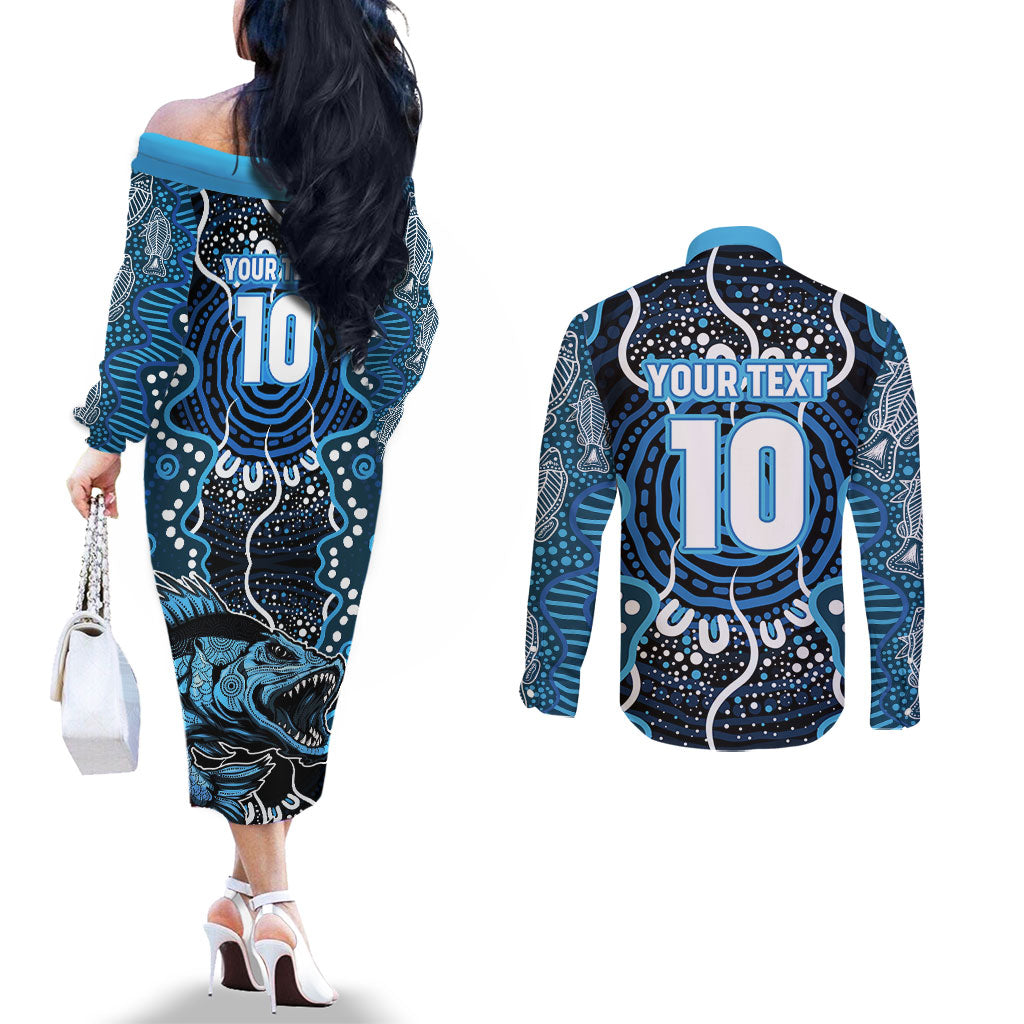 Custom Barramundi Fishing Couples Matching Off The Shoulder Long Sleeve Dress and Long Sleeve Button Shirt Indigenous Aboriginal Dot Art Blue Fish