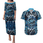 Custom Barramundi Fishing Couples Matching Puletasi and Hawaiian Shirt Indigenous Aboriginal Dot Art Blue Fish