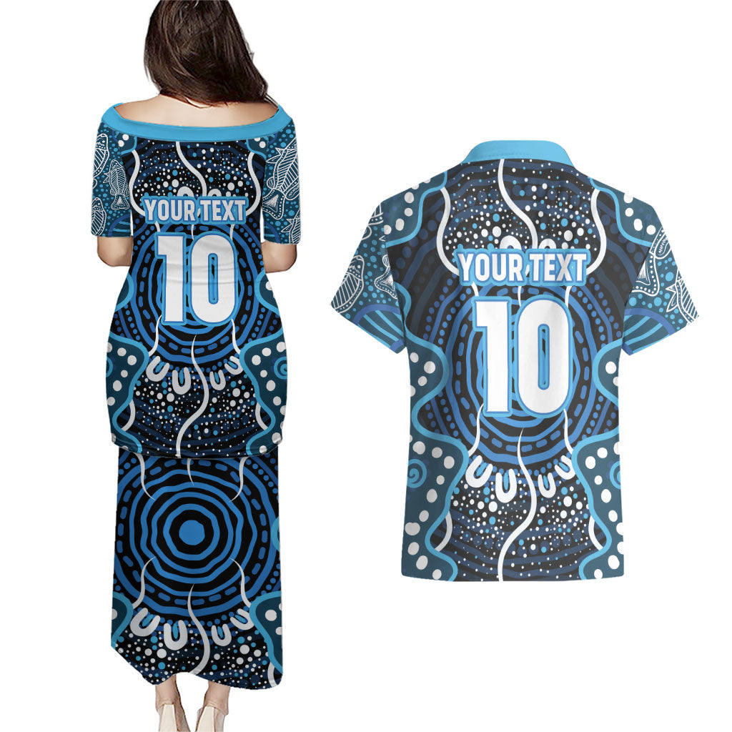 Custom Barramundi Fishing Couples Matching Puletasi and Hawaiian Shirt Indigenous Aboriginal Dot Art Blue Fish