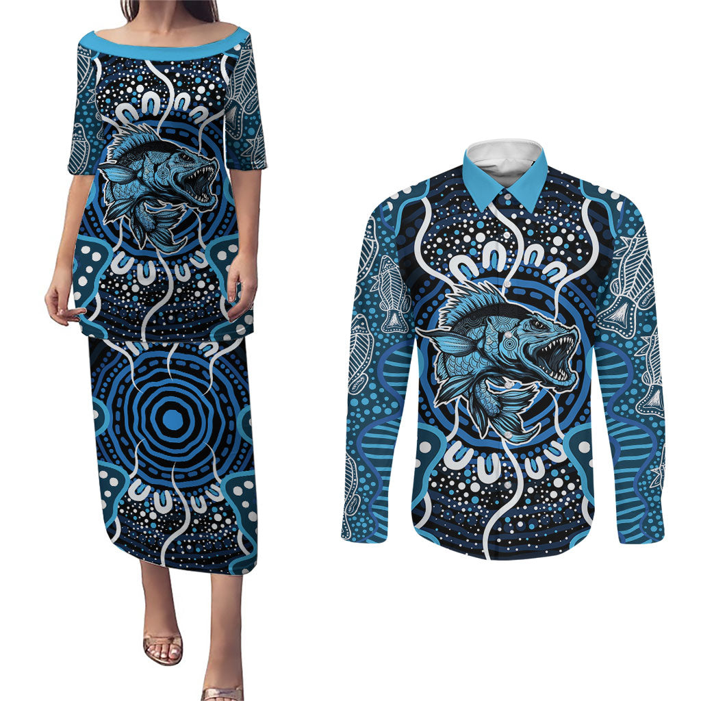 Custom Barramundi Fishing Couples Matching Puletasi and Long Sleeve Button Shirt Indigenous Aboriginal Dot Art Blue Fish