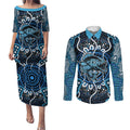 Custom Barramundi Fishing Couples Matching Puletasi and Long Sleeve Button Shirt Indigenous Aboriginal Dot Art Blue Fish