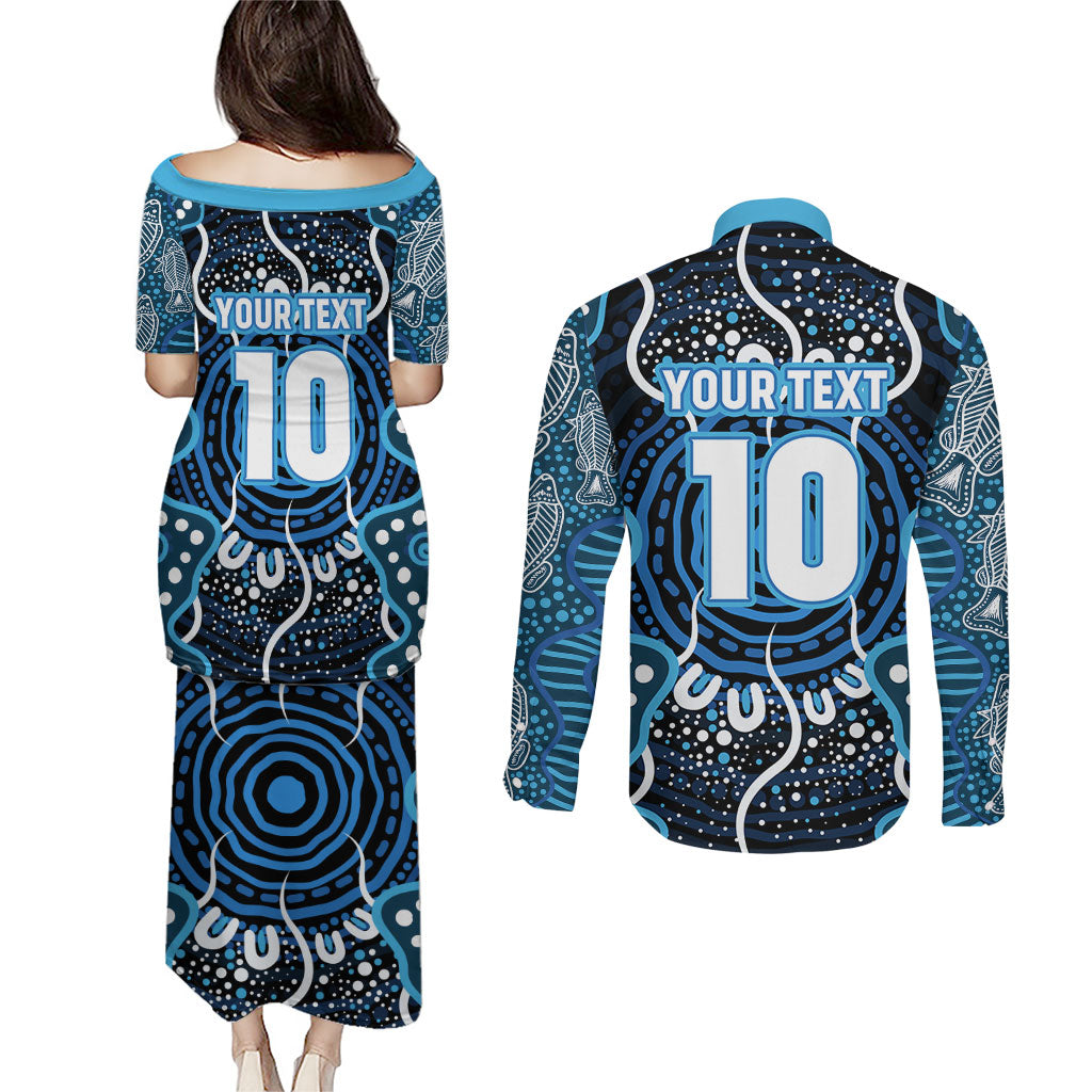 Custom Barramundi Fishing Couples Matching Puletasi and Long Sleeve Button Shirt Indigenous Aboriginal Dot Art Blue Fish