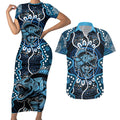 Custom Barramundi Fishing Couples Matching Short Sleeve Bodycon Dress and Hawaiian Shirt Indigenous Aboriginal Dot Art Blue Fish