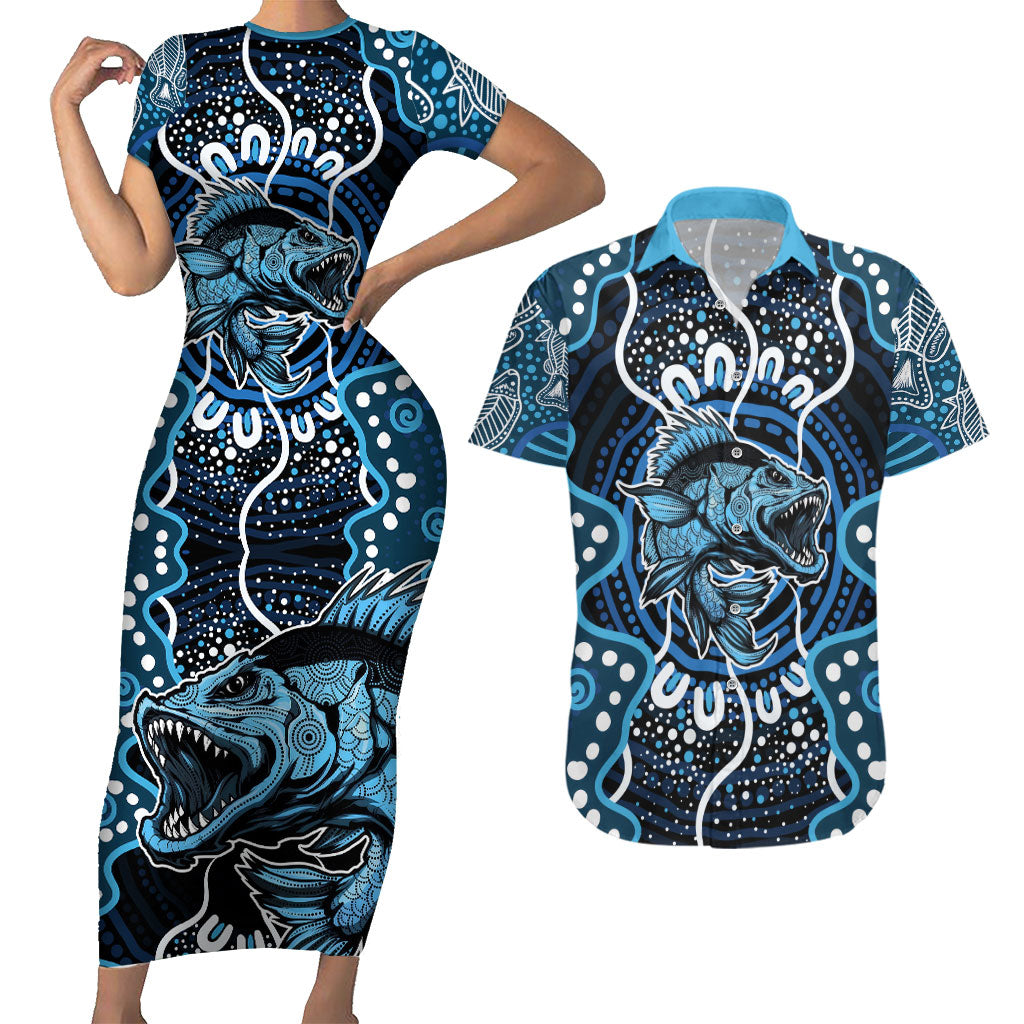 Custom Barramundi Fishing Couples Matching Short Sleeve Bodycon Dress and Hawaiian Shirt Indigenous Aboriginal Dot Art Blue Fish