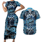 Custom Barramundi Fishing Couples Matching Short Sleeve Bodycon Dress and Hawaiian Shirt Indigenous Aboriginal Dot Art Blue Fish