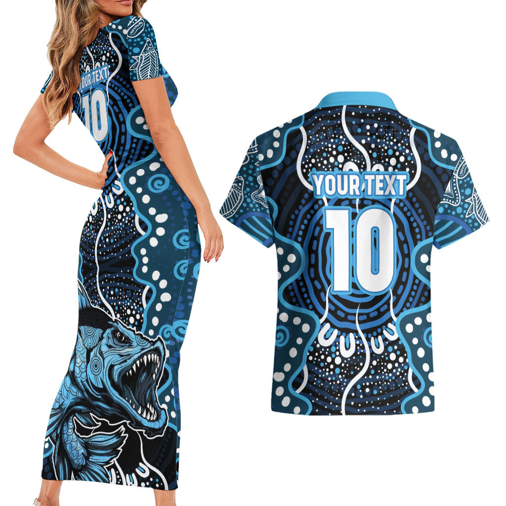 Custom Barramundi Fishing Couples Matching Short Sleeve Bodycon Dress and Hawaiian Shirt Indigenous Aboriginal Dot Art Blue Fish