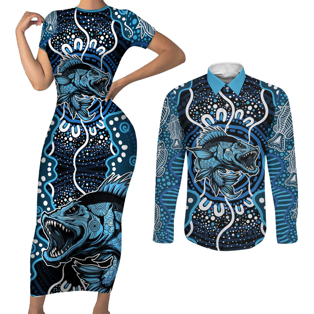 Custom Barramundi Fishing Couples Matching Short Sleeve Bodycon Dress and Long Sleeve Button Shirt Indigenous Aboriginal Dot Art Blue Fish