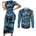 Custom Barramundi Fishing Couples Matching Short Sleeve Bodycon Dress and Long Sleeve Button Shirt Indigenous Aboriginal Dot Art Blue Fish