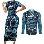 Custom Barramundi Fishing Couples Matching Short Sleeve Bodycon Dress and Long Sleeve Button Shirt Indigenous Aboriginal Dot Art Blue Fish