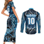 Custom Barramundi Fishing Couples Matching Short Sleeve Bodycon Dress and Long Sleeve Button Shirt Indigenous Aboriginal Dot Art Blue Fish