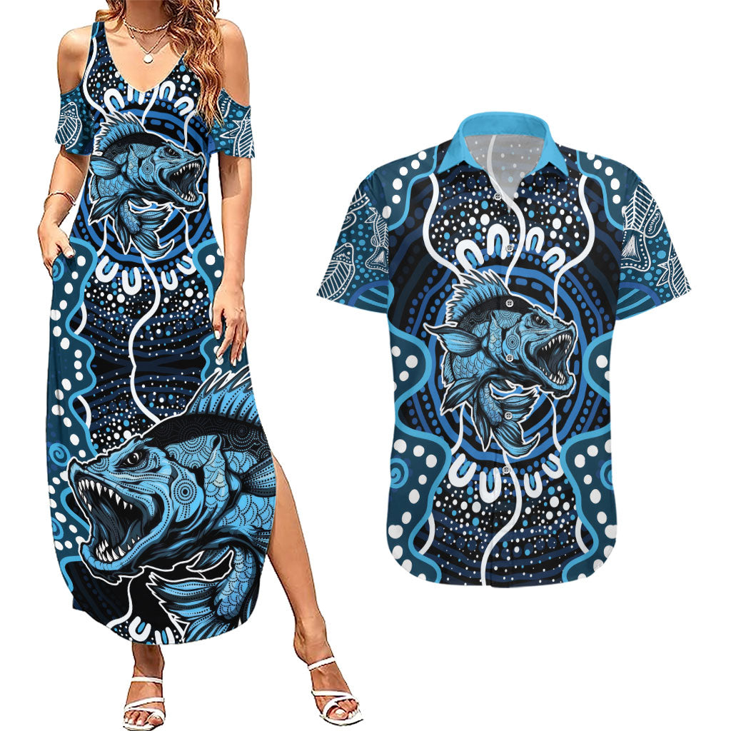 Custom Barramundi Fishing Couples Matching Summer Maxi Dress and Hawaiian Shirt Indigenous Aboriginal Dot Art Blue Fish