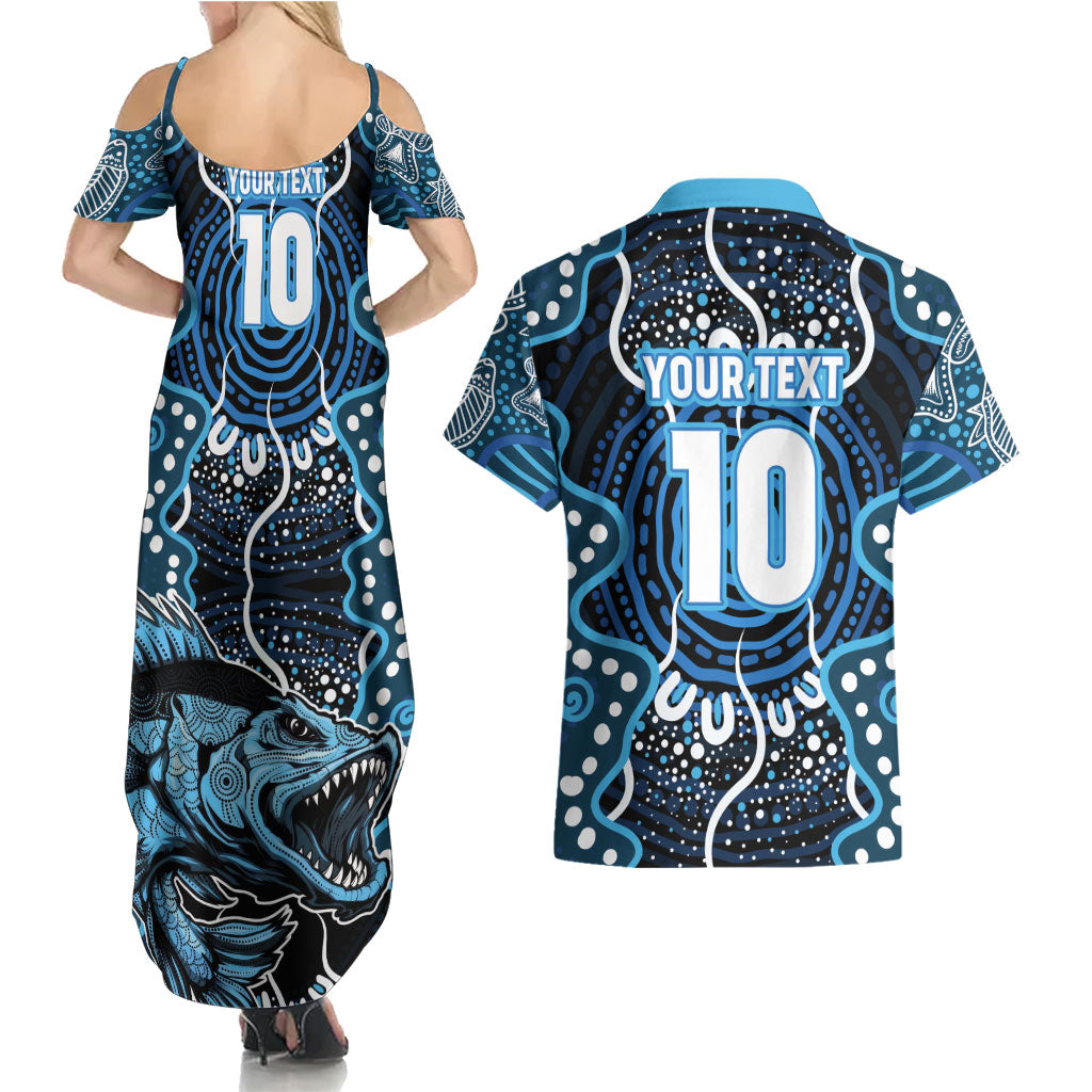 Custom Barramundi Fishing Couples Matching Summer Maxi Dress and Hawaiian Shirt Indigenous Aboriginal Dot Art Blue Fish