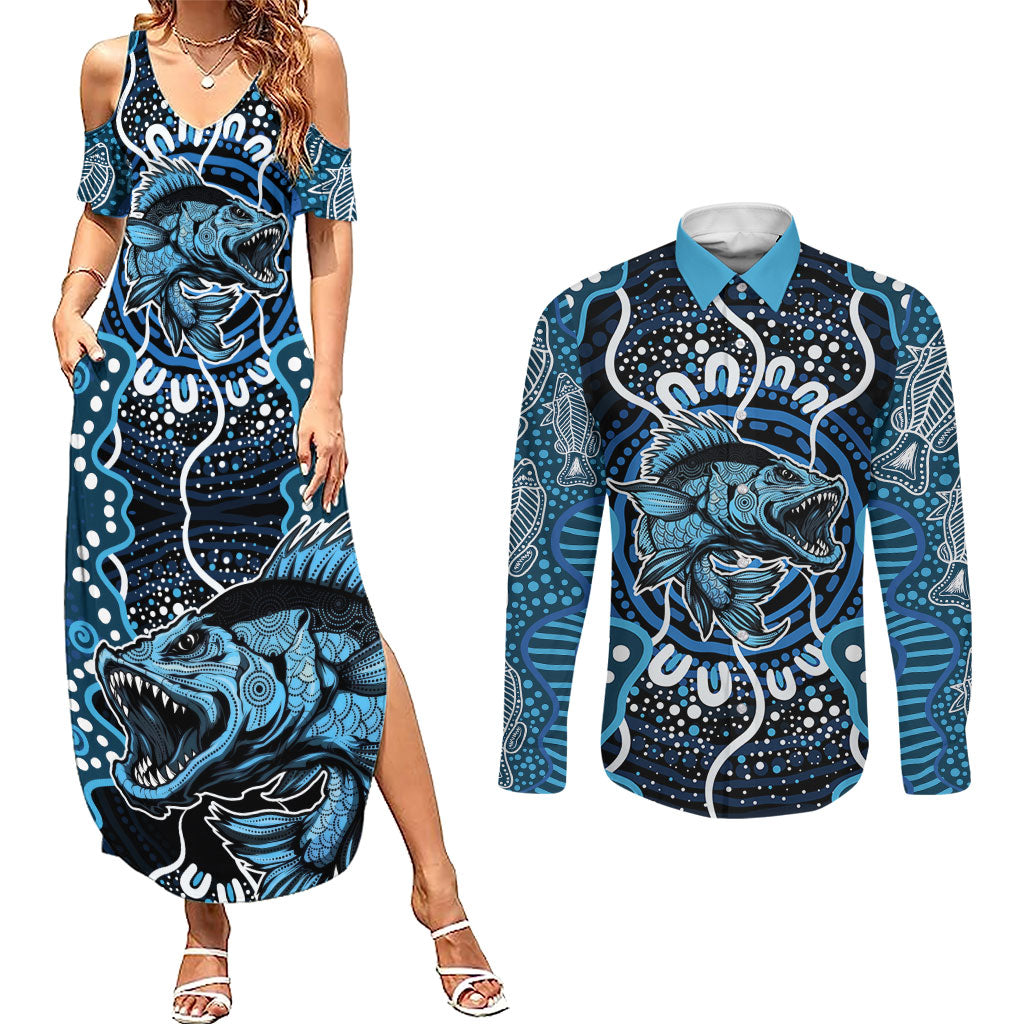 Custom Barramundi Fishing Couples Matching Summer Maxi Dress and Long Sleeve Button Shirt Indigenous Aboriginal Dot Art Blue Fish
