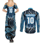 Custom Barramundi Fishing Couples Matching Summer Maxi Dress and Long Sleeve Button Shirt Indigenous Aboriginal Dot Art Blue Fish