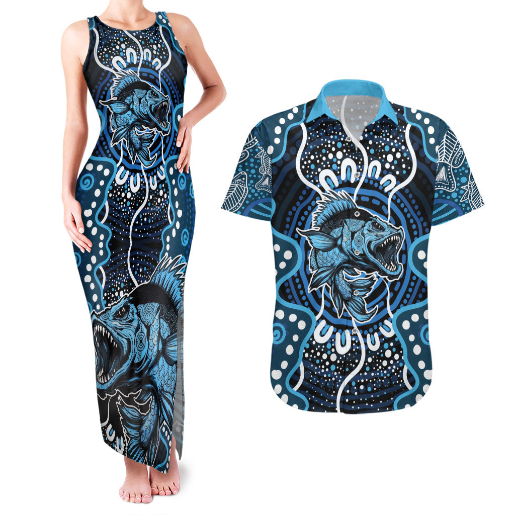 Custom Barramundi Fishing Couples Matching Tank Maxi Dress and Hawaiian Shirt Indigenous Aboriginal Dot Art Blue Fish