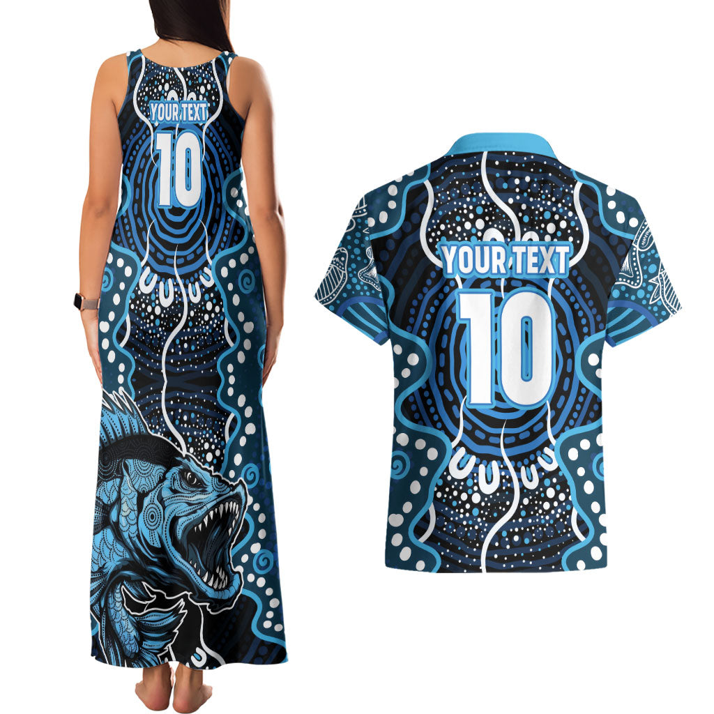 Custom Barramundi Fishing Couples Matching Tank Maxi Dress and Hawaiian Shirt Indigenous Aboriginal Dot Art Blue Fish