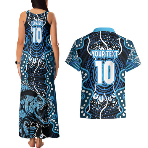 Custom Barramundi Fishing Couples Matching Tank Maxi Dress and Hawaiian Shirt Indigenous Aboriginal Dot Art Blue Fish