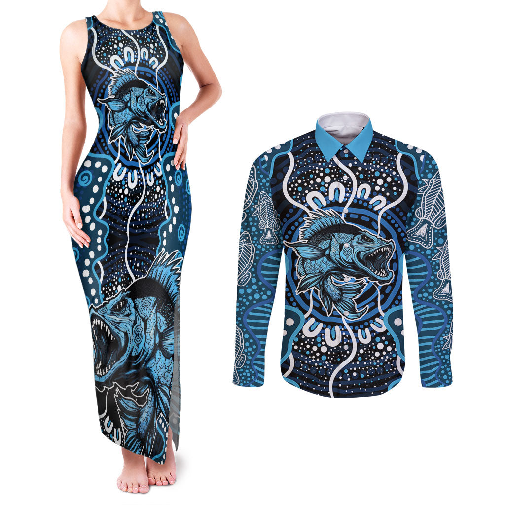 Custom Barramundi Fishing Couples Matching Tank Maxi Dress and Long Sleeve Button Shirt Indigenous Aboriginal Dot Art Blue Fish