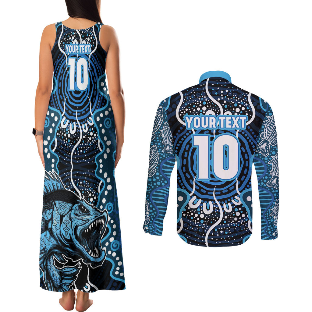 Custom Barramundi Fishing Couples Matching Tank Maxi Dress and Long Sleeve Button Shirt Indigenous Aboriginal Dot Art Blue Fish