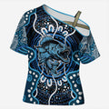 Custom Barramundi Fishing Cross Shoulder Shirt Indigenous Aboriginal Dot Art Blue Fish