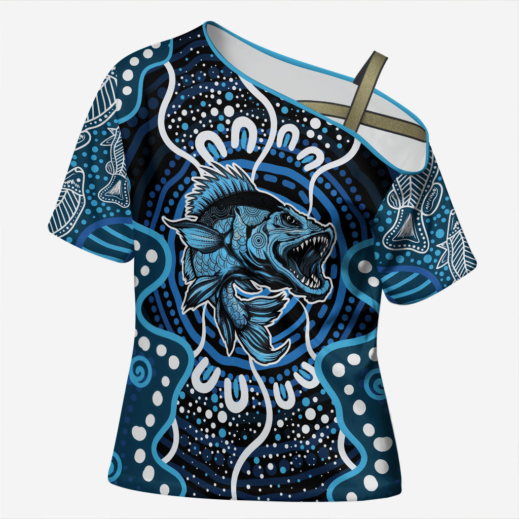 Custom Barramundi Fishing Cross Shoulder Shirt Indigenous Aboriginal Dot Art Blue Fish