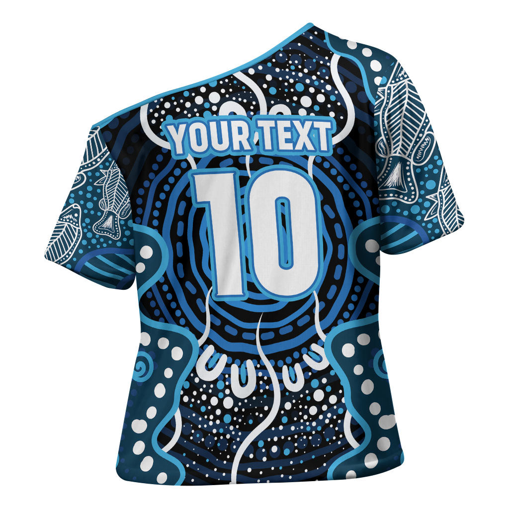 Custom Barramundi Fishing Cross Shoulder Shirt Indigenous Aboriginal Dot Art Blue Fish