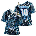 Custom Barramundi Fishing Cross Shoulder Shirt Indigenous Aboriginal Dot Art Blue Fish