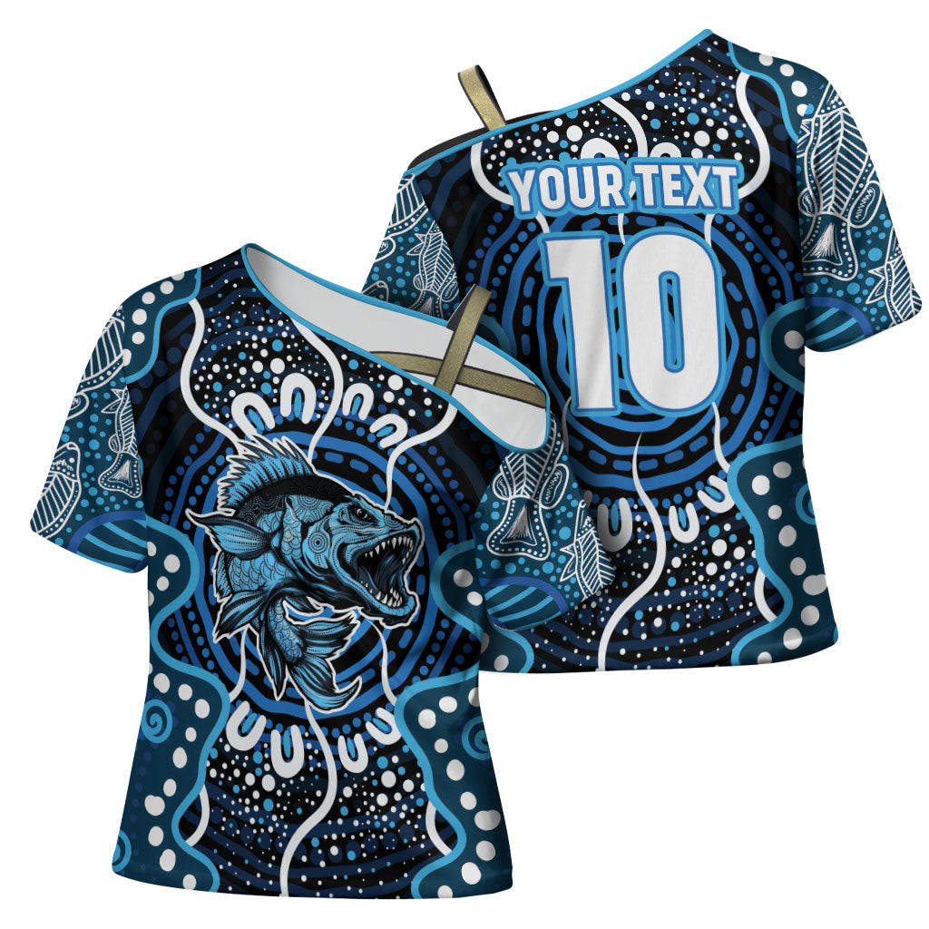 Custom Barramundi Fishing Cross Shoulder Shirt Indigenous Aboriginal Dot Art Blue Fish