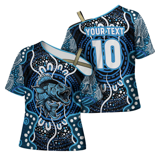 Custom Barramundi Fishing Cross Shoulder Shirt Indigenous Aboriginal Dot Art Blue Fish