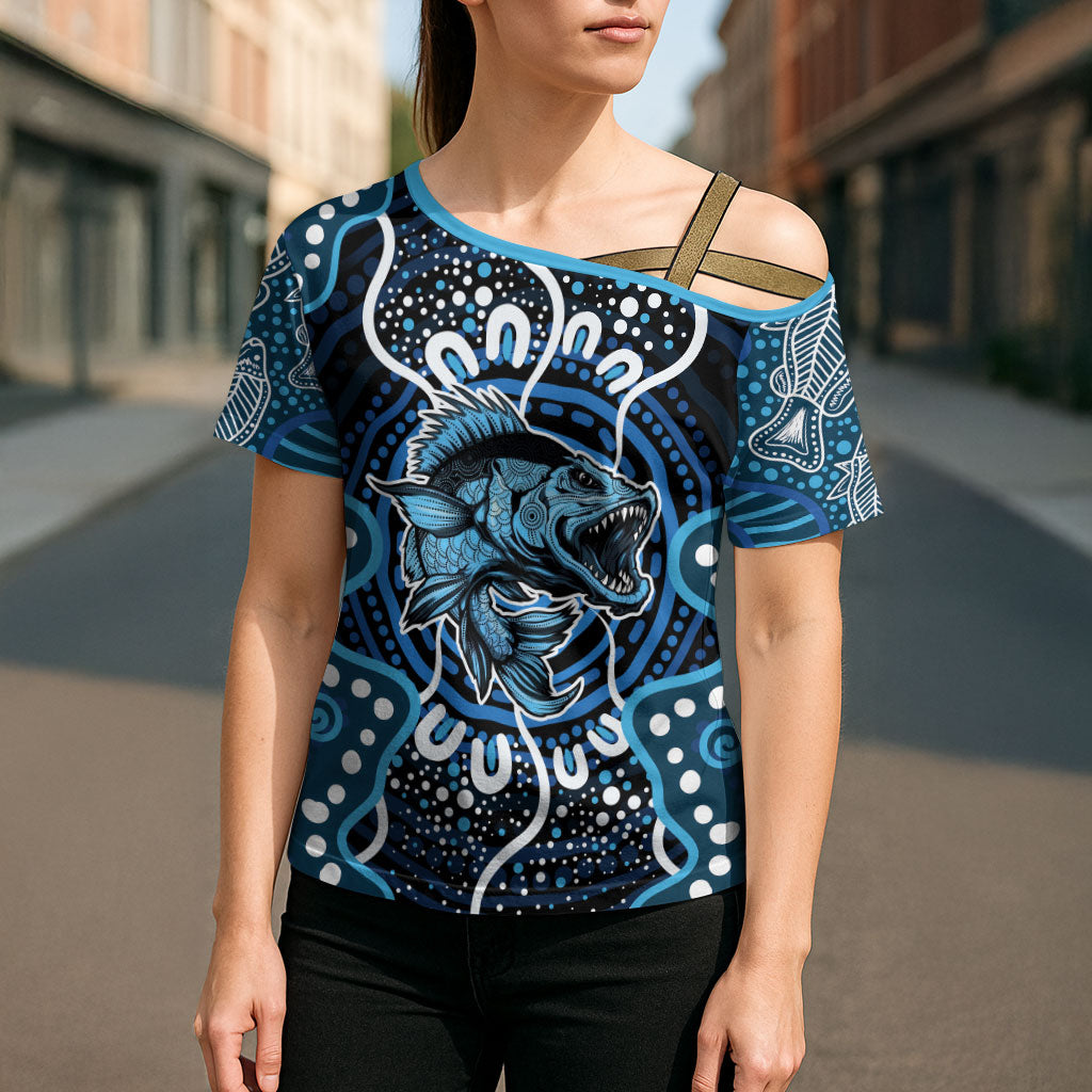 Custom Barramundi Fishing Cross Shoulder Shirt Indigenous Aboriginal Dot Art Blue Fish