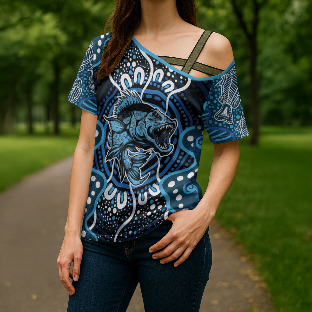 Custom Barramundi Fishing Cross Shoulder Shirt Indigenous Aboriginal Dot Art Blue Fish