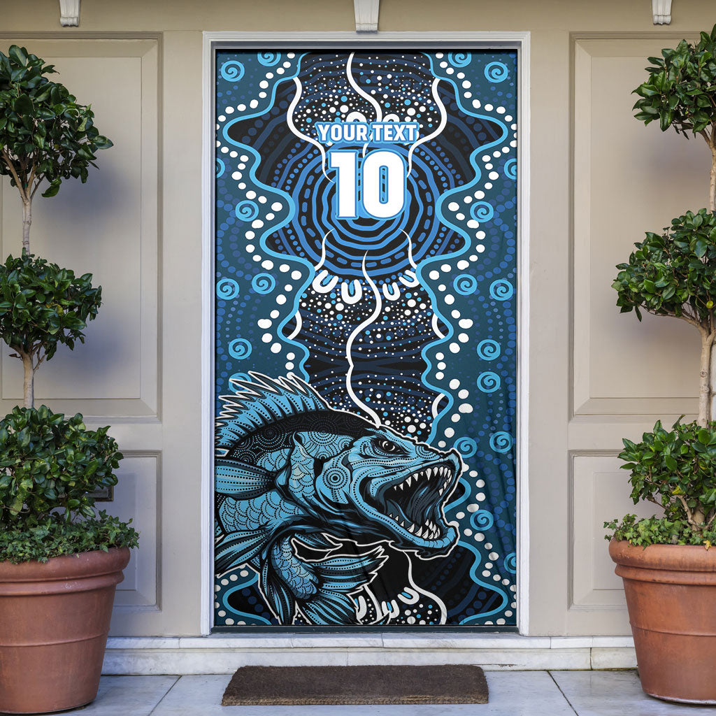 Custom Barramundi Fishing Door Cover Indigenous Aboriginal Dot Art Blue Fish