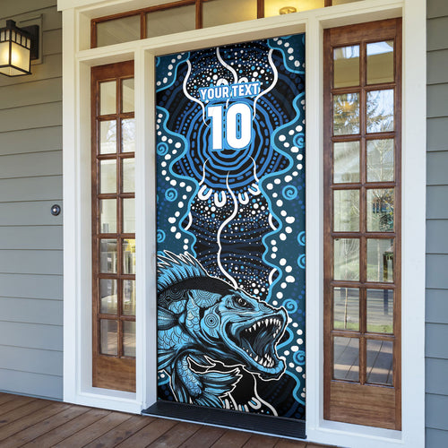 Custom Barramundi Fishing Door Cover Indigenous Aboriginal Dot Art Blue Fish