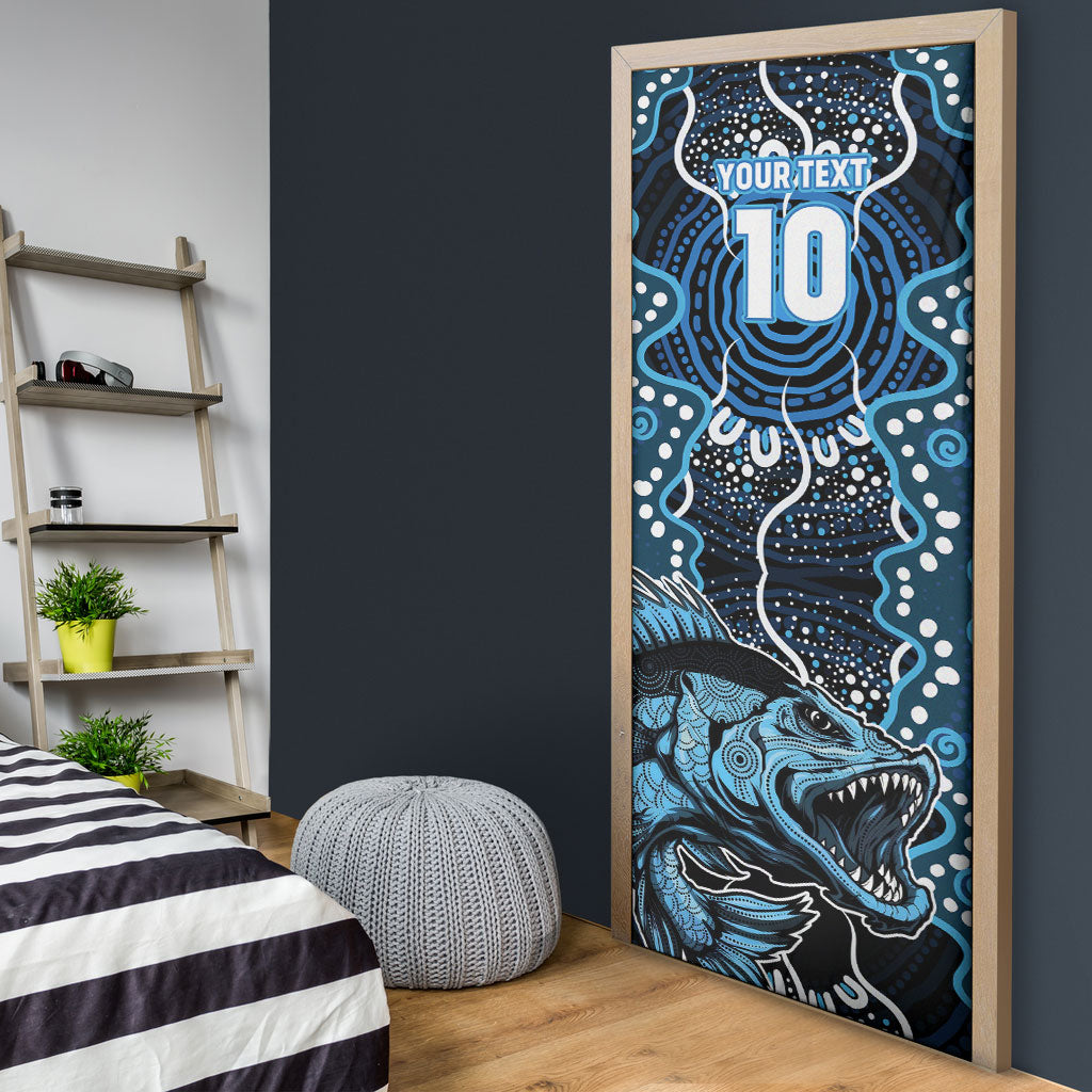 Custom Barramundi Fishing Door Cover Indigenous Aboriginal Dot Art Blue Fish