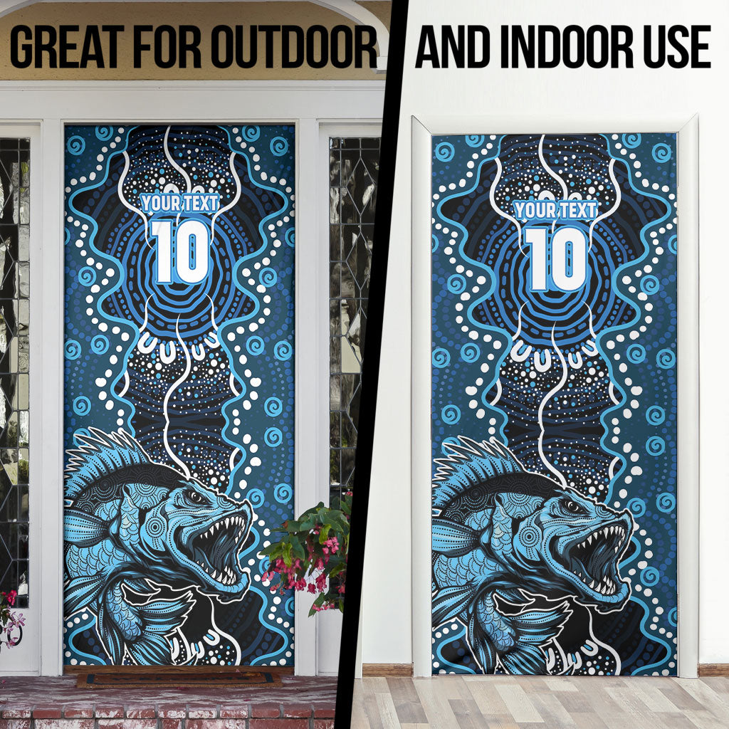 Custom Barramundi Fishing Door Cover Indigenous Aboriginal Dot Art Blue Fish