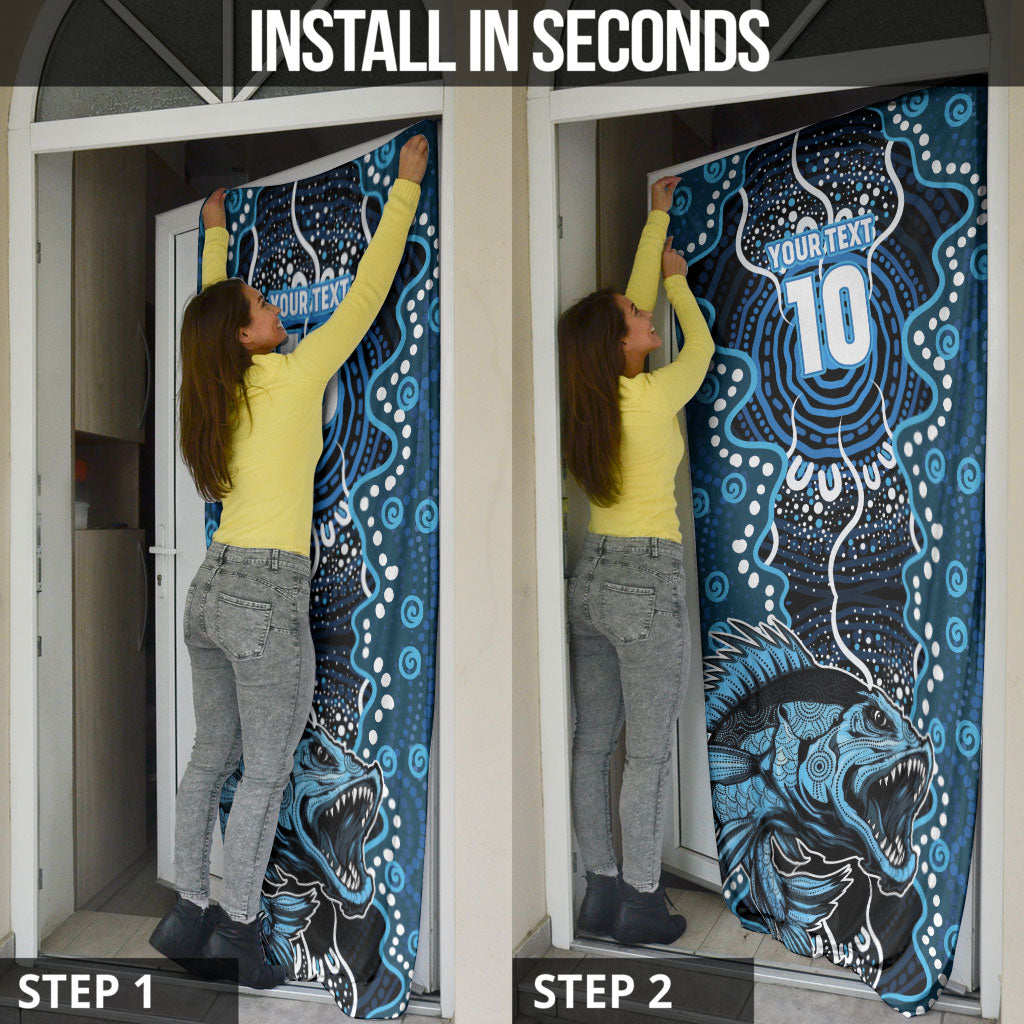 Custom Barramundi Fishing Door Cover Indigenous Aboriginal Dot Art Blue Fish