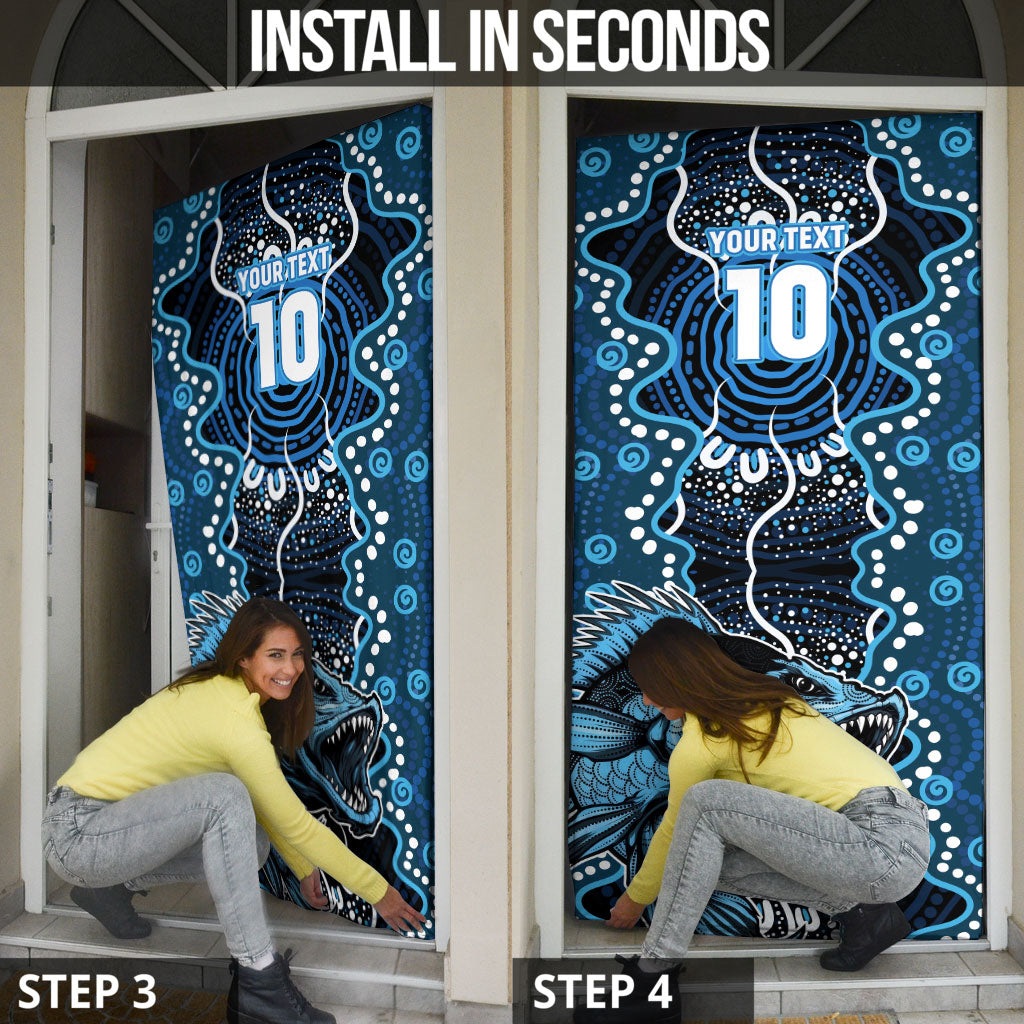 Custom Barramundi Fishing Door Cover Indigenous Aboriginal Dot Art Blue Fish
