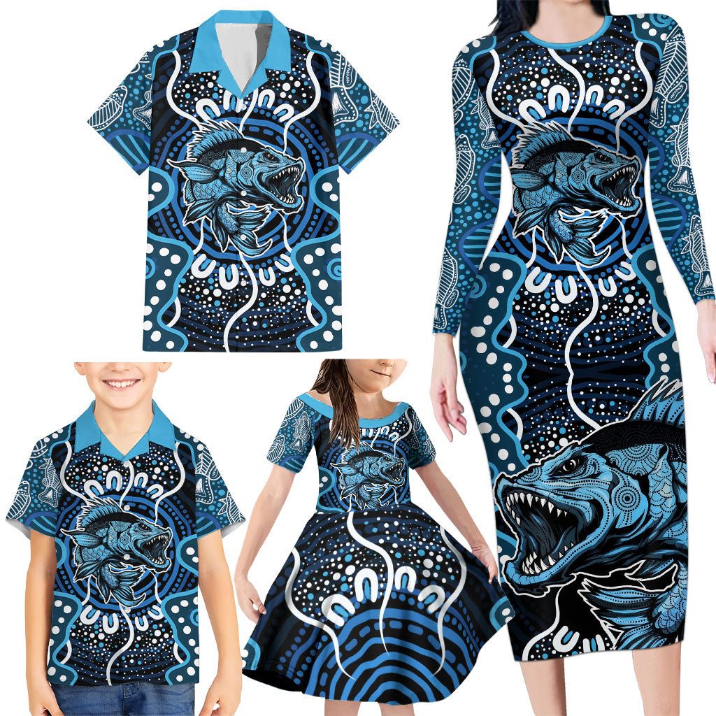 Custom Barramundi Fishing Family Matching Long Sleeve Bodycon Dress and Hawaiian Shirt Indigenous Aboriginal Dot Art Blue Fish